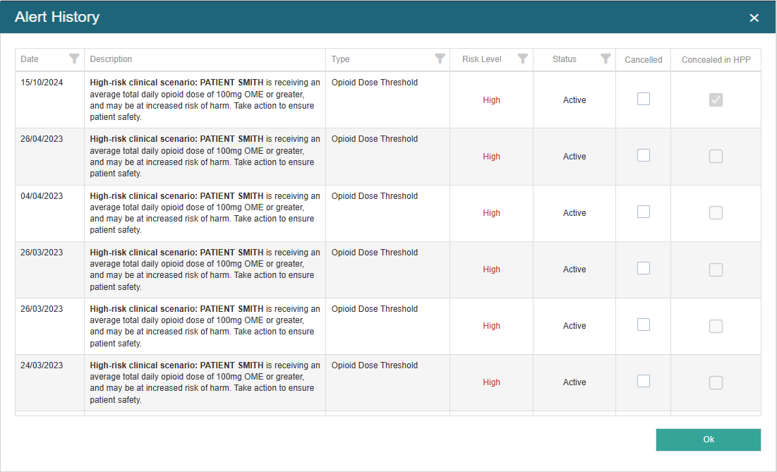 Alert History with the “Concealed in HPP” column displayed, with one displaying the concealed in HPP value being checked