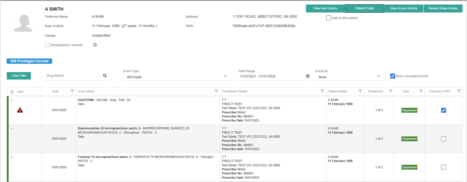 Medication events with the “Conceal in HPP” column displayed – one record shows the conceal in HPP value checked