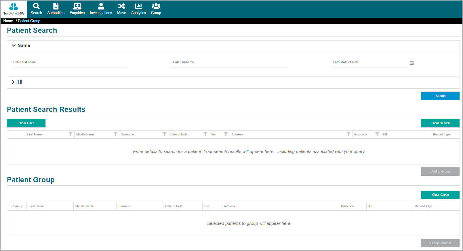 Patient Group screen including sections for Patient Search, Patient Search Results, and Patient Group