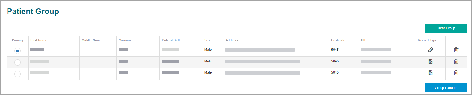 The Patient Group section with patient records and one record selected as Primary