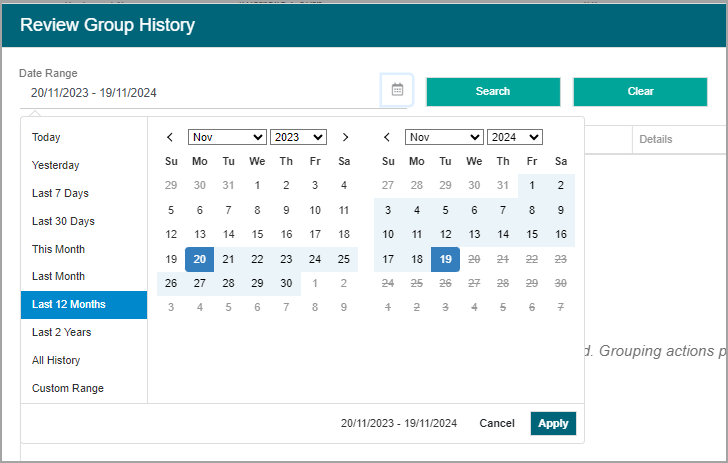 Calendar picker for selecting date range