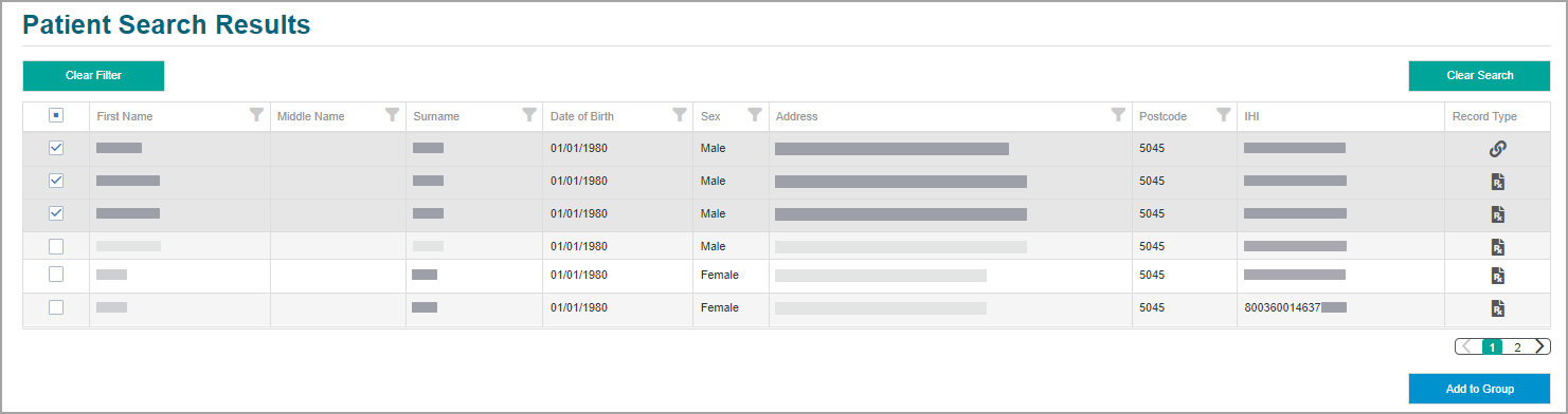 Patient search results with records selected