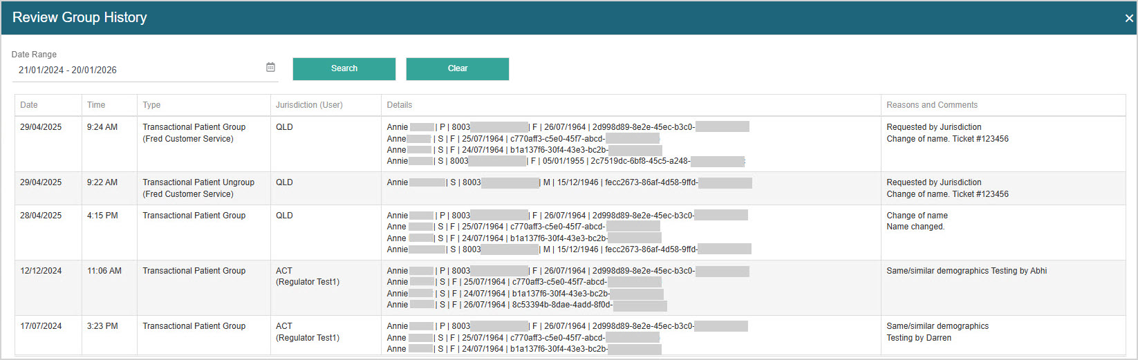Details of the group history including patient details and reason for the grouping and whether it was undertaken by Customer Service.