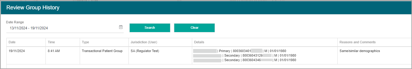 Details of the group history including patient details and reason for the grouping.