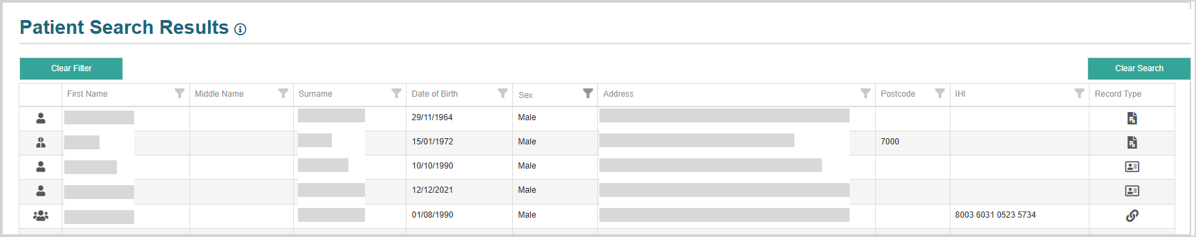 Patient search results